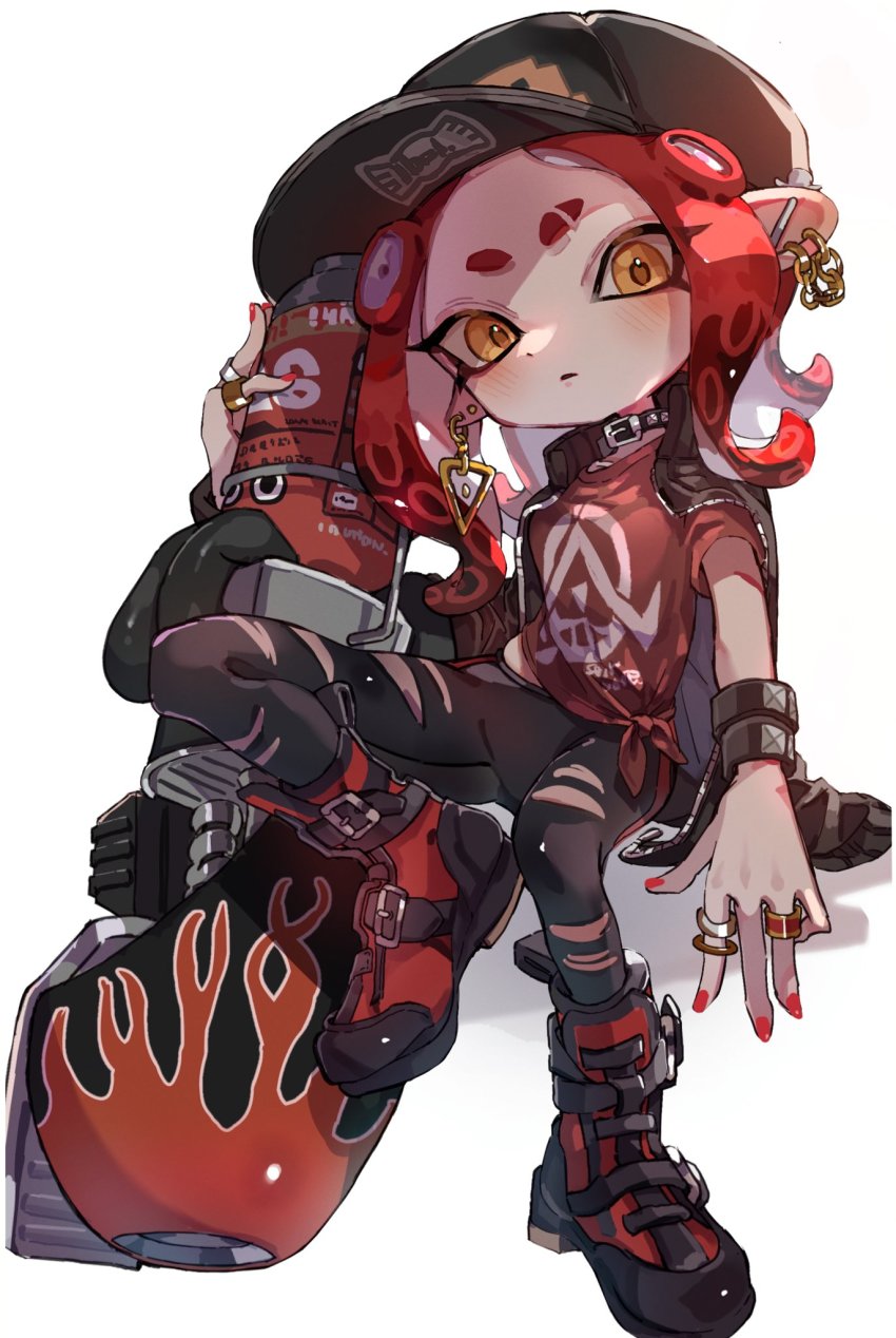 1girl, arm_out_of_sleeve, baseball_cap, black_choker, black_hat, black_jacket, black_leggings, blaster_(splatoon)