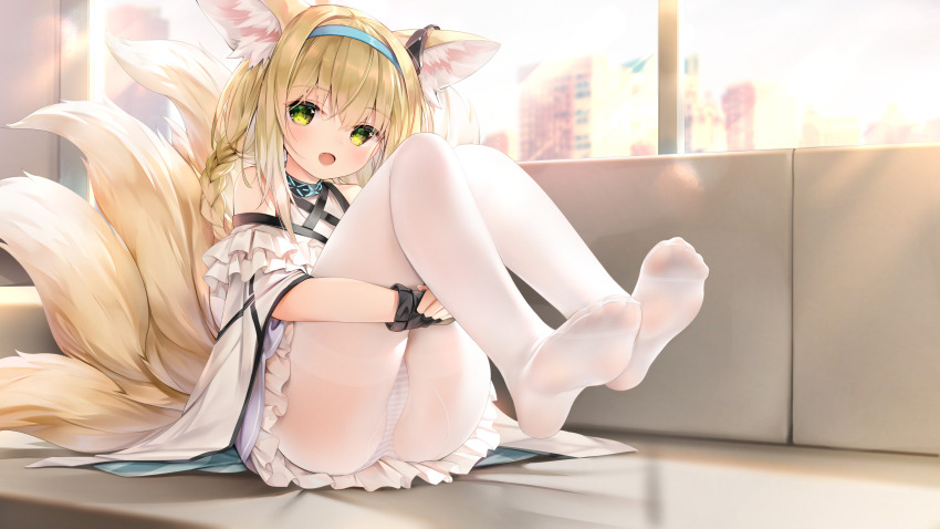 1girl, animal_ear_fluff, animal_ears, arknights, bare_shoulders, black_choker, blonde_hair, blue_hairband