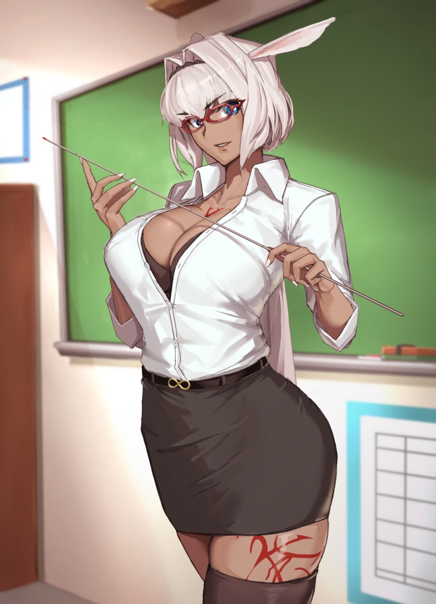 1girl, bespectacled, black_bra, black_skirt, black_thighhighs, blue_eyes, body_markings, bra