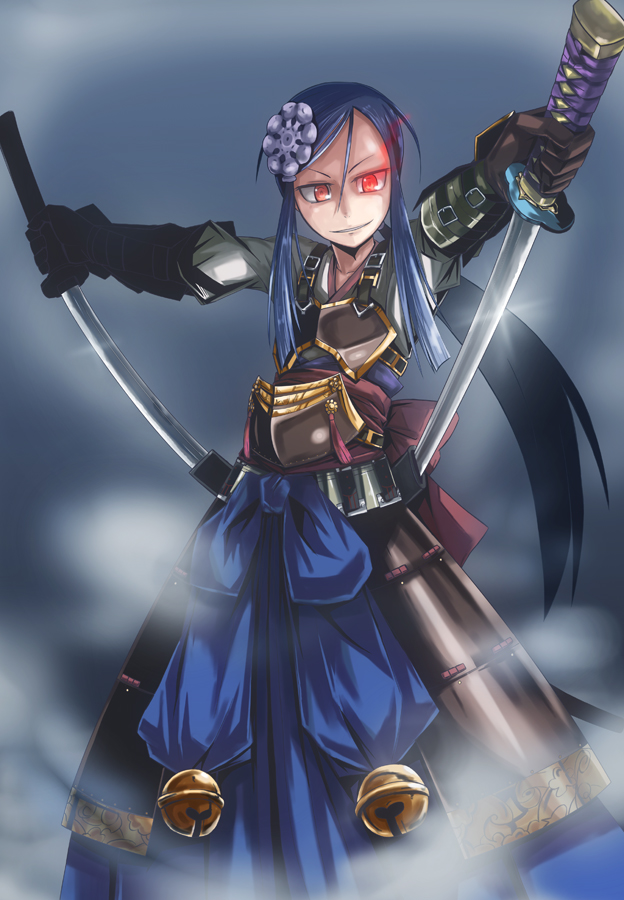 1girl, armor, asymmetrical_bangs, atlus, bell, blue_hair, dan_(orange_train), dual_wielding, etrian_odyssey, female_focus, fog, gloves, glowing, glowing_eye, glowing_eyes, grin, hair_ornament, holding, katana, red_eyes, sekaiju_no_meikyuu, sekaiju_no_meikyuu_3, sheath, shogun_(sekaiju), shogun_4_(sekaiju), sidelocks, smile, solo, sword, unsheathing, weapon