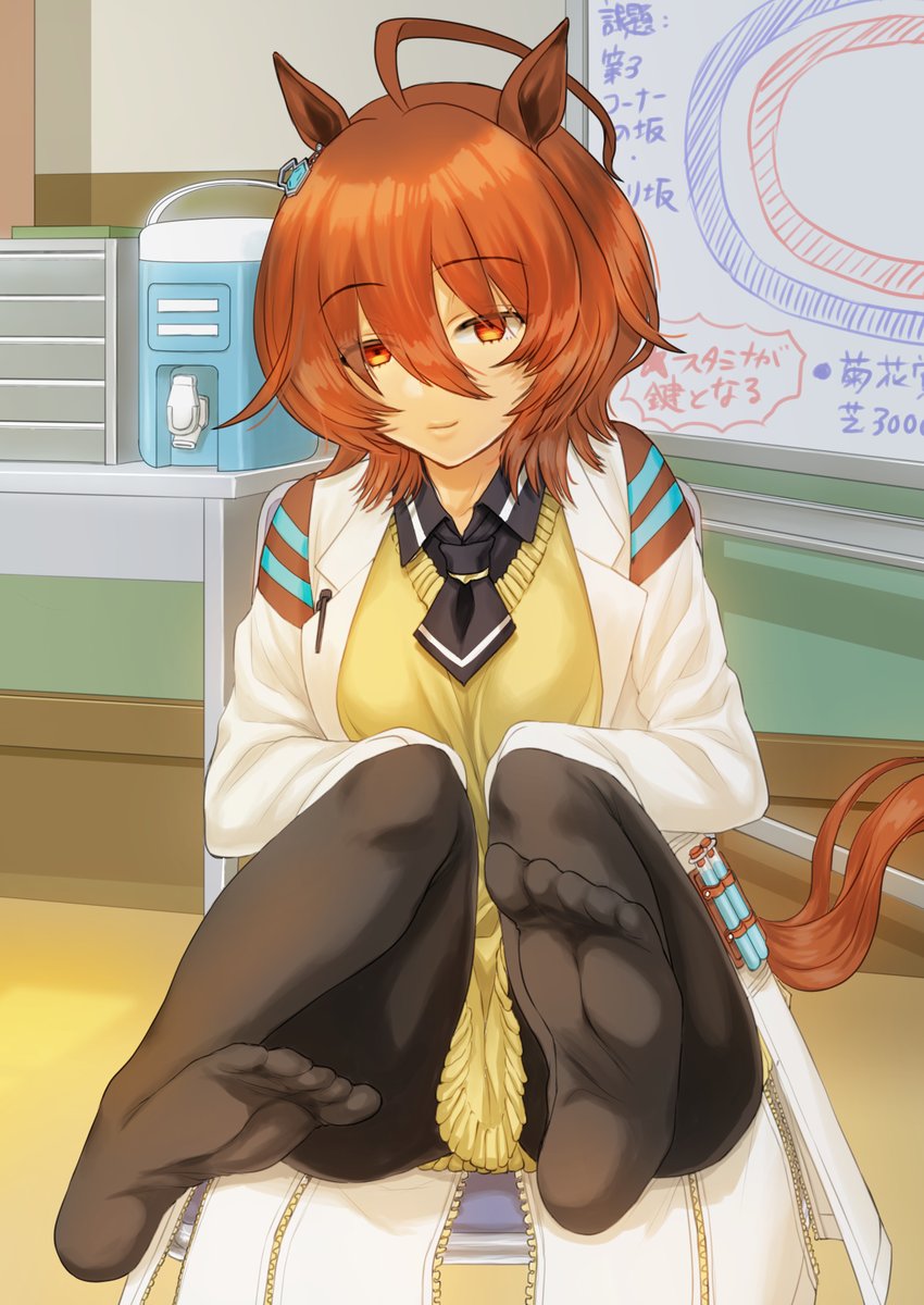 agnes_tachyon_(tach-nology)_(umamusume), agnes_tachyon_(umamusume), animal_ears, breasts, chair, coat, highres, horse_ears