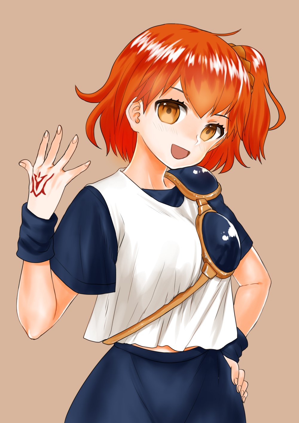 1girl, arle_nadja, arle_nadja_(cosplay), blue_shirt, blue_skirt, breasts, brown_background, cosplay