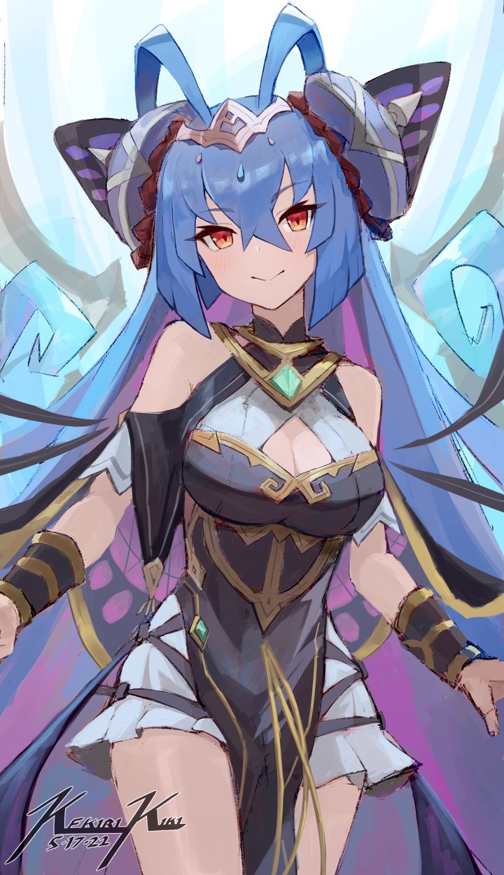 antenna_hair, armlet, bare_shoulders, blue_hair, breasts, butterfly_wings, cleavage, cleavage_cutout