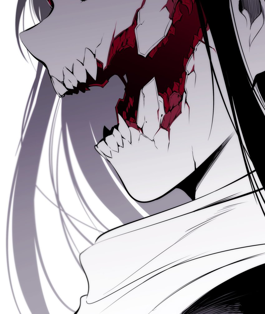 1girl, absurdres, close-up, cyborg, glasgow_smile, highres, kato_takuji, kuchisake-onna_(ishiyumi), long_hair, mechabare, mechanical_buddy_universe, monochrome, mouth_focus, profile, scarf, sharp_teeth, solo, spot_color, teeth, white_background