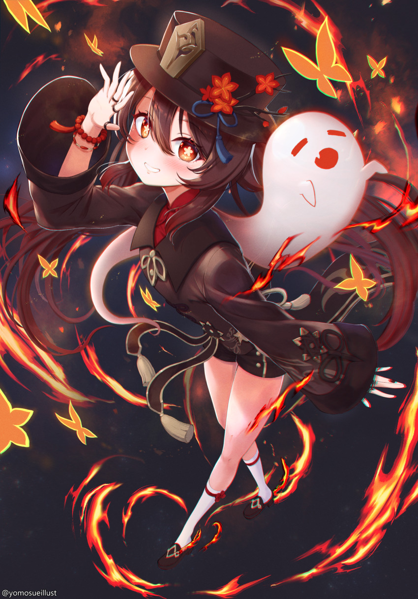 1girl, bead_bracelet, beads, blush, boo_tao_(genshin_impact), bracelet, brown_coat, brown_hair