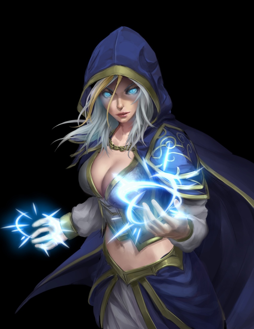 1girl, armor, blue_cape, breasts, cape, casting_spell, cloak, glowing