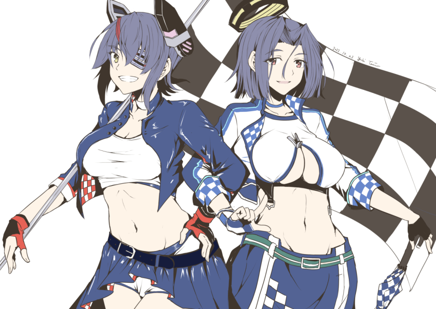 2girls, akigumo_(kancolle), akigumo_kai_ni_(kancolle), akigumo_kai_ni_(race_queen)_(kancolle), alternate_costume, bandeau, breasts, eyepatch, hair_intakes, halo, headgear, kantai_collection, large_breasts, looking_at_viewer, mechanical_halo, medium_hair, multiple_girls, purple_eyes, purple_hair, race_queen, short_hair, shorts, smile, taira_yuuki, tatsuta_(kancolle), tenryuu_(kancolle), washington_(kancolle), washington_(race_queen)_(kancolle)