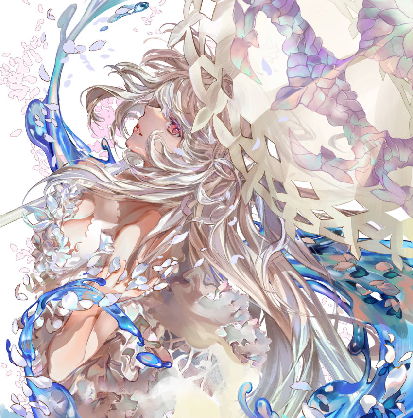 1girl, absurdres, fate/grand_order, fate_(series), from_side, highres, lady_avalon_(fate), lady_avalon_(second_ascension)_(fate), long_hair, looking_at_viewer, merlin_(fate/prototype), merlin_(swimsuit_pretender)_(second_ascension)_(fate/prototype), niza, petals, pink_eyes, umbrella, water, white_background, white_hair