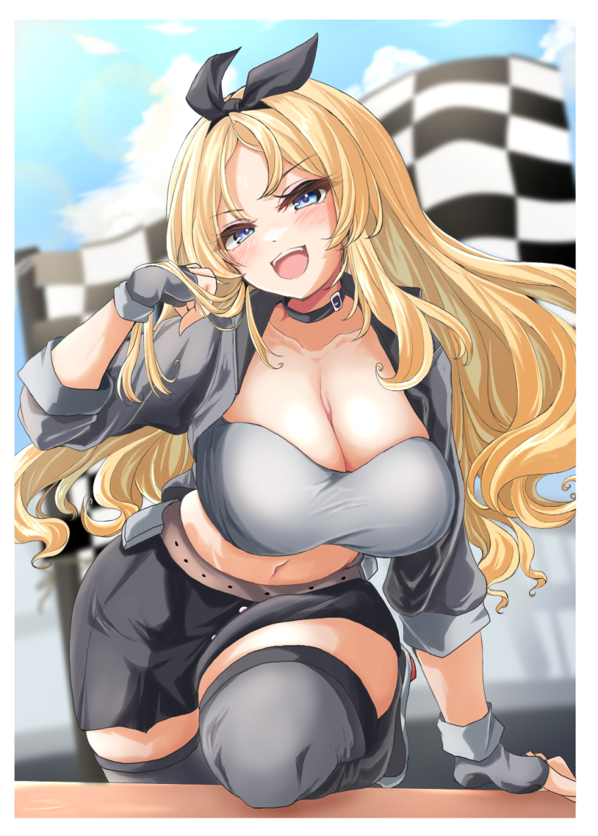 1girl, bandeau, black_hairband, black_skirt, blonde_hair, blue_eyes, blurry, blurry_background
