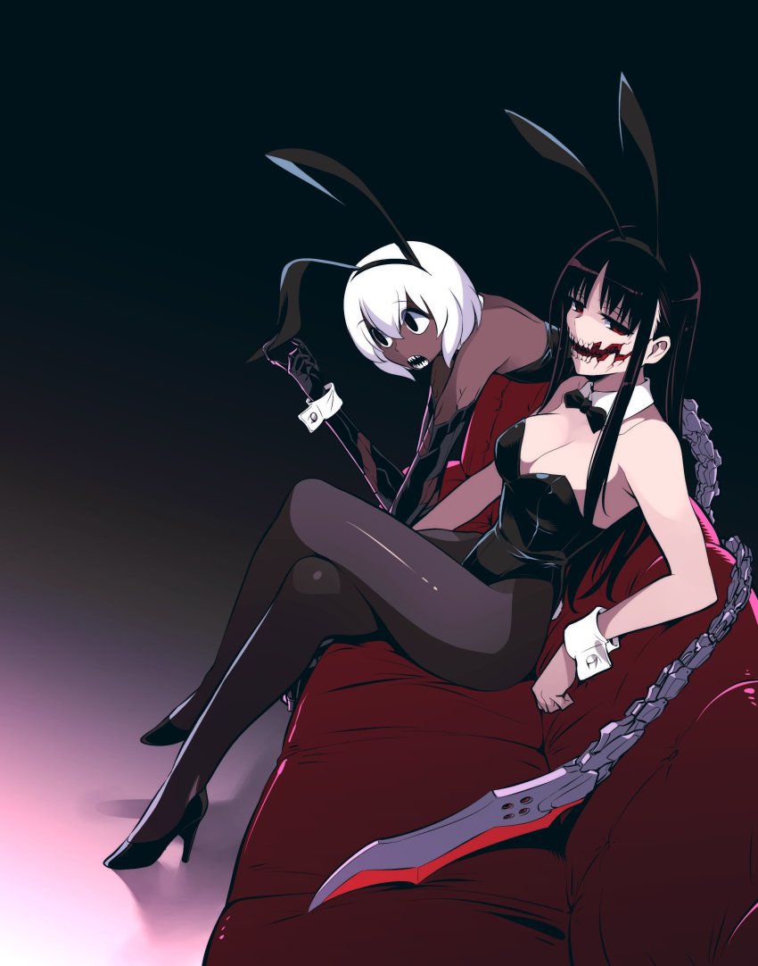2girls, absurdres, amputee, animal_ears, black_bow, black_bowtie, black_eyes, black_footwear, black_hairband, black_leotard, black_pantyhose, bow, bowtie, breasts, couch, crossed_legs, cyborg, dark-skinned_female, dark_skin, detached_collar, fake_animal_ears, hair_behind_ear, hairband, high_heels, highres, kato_takuji, kuchisake-onna_(ishiyumi), legless_amputee, leotard, looking_at_viewer, mechanical_buddy_universe, mechanical_tail, medium_breasts, multiple_girls, open_mouth, pantyhose, playboy_bunny, rabbit_ears, red_eyes, sharp_teeth, sitting, tail, teeth, teke-teke_(ishiyumi), white_eyes, wrist_cuffs
