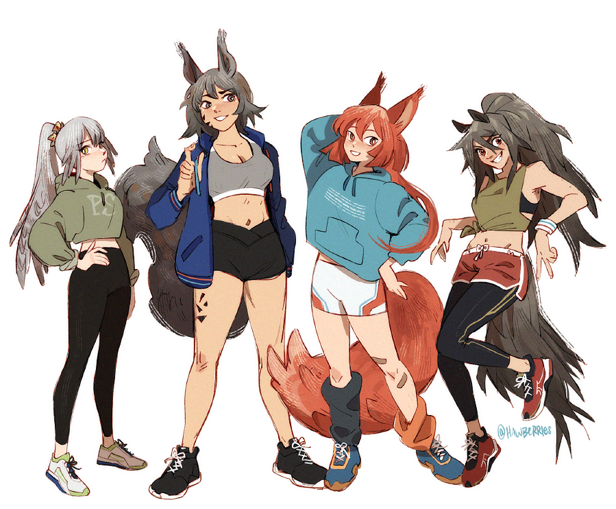 4girls, alternate_costume, animal_ears, arknights, ashlock_(arknights), asymmetrical_legwear, black_footwear, black_pants, black_shorts, blue_footwear, blue_jacket, blue_sweater, blush, bright_pupils, casual, commentary, cropped_sweater, english_commentary, fartooth_(arknights), feather_hair, flametail_(arknights), green_shirt, green_sweater, grey_eyes, grey_hair, grey_sports_bra, grin, hawberries, hood, hooded_sweater, horse_ears, horse_girl, horse_tail, jacket, leg_warmers, long_hair, long_sleeves, material_growth, midriff, mismatched_legwear, multiple_girls, navel, open_clothes, open_jacket, oripathy_lesion_(arknights), pants, pants_under_shorts, ponytail, red_eyes, red_footwear, red_hair, red_shorts, shirt, shoes, short_hair, shorts, simple_background, smile, sports_bra, squirrel_ears, squirrel_girl, squirrel_tail, sweater, tail, white_background, white_footwear, white_pupils, white_shorts, wild_mane_(arknights)