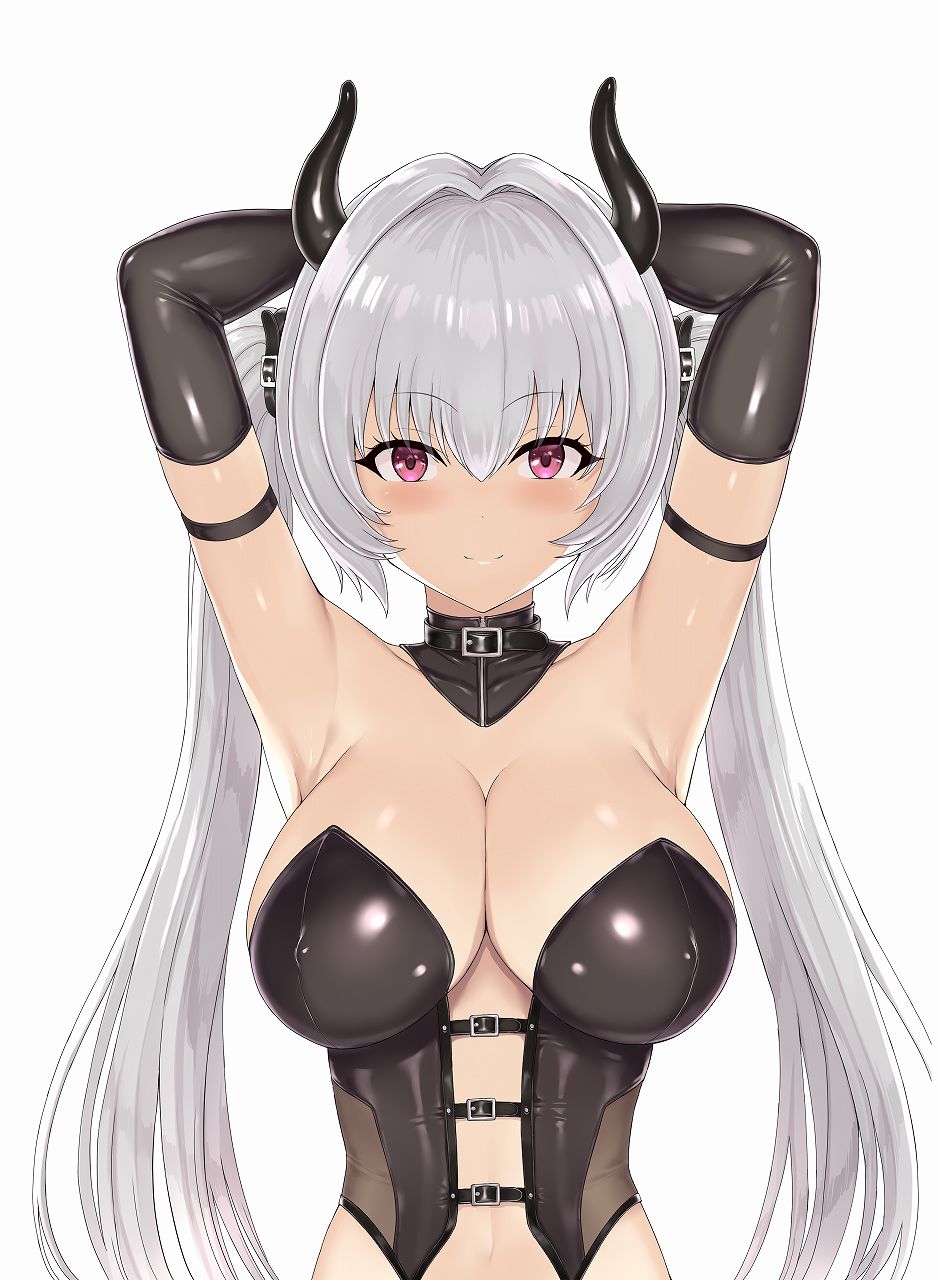 1girl, arm_strap, armpit_peek, arms_behind_head, arms_up, bare_shoulders, black_bustier, black_choker