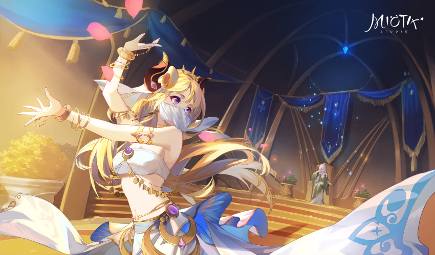 2girls, absurdres, arabian_clothes, armlet, artist_logo, bandeau, bangle, bare_arms, bare_shoulders, blonde_hair, blush, bracelet, breasts, chinese_commentary, cleavage, closed_mouth, commentary_request, dancing, darkcatowo, forehead_jewel, genshin_impact, goddess_of_flowers_(genshin_impact), harem_outfit, head_tilt, headdress, highres, horns, jewelry, logo, medium_breasts, midriff, mouth_veil, multiple_girls, navel, purple_eyes, rukkhadevata_(genshin_impact), skirt, spoilers, stomach, strapless, tube_top, veil, white_hair, white_veil