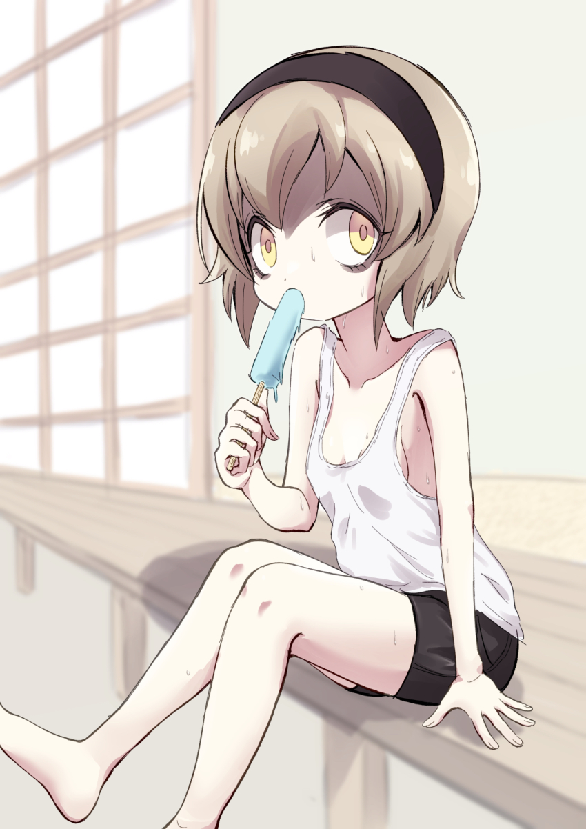 1girl, bare_shoulders, black_shorts, blonde_hair, blush, breasts, collarbone, food, food_in_mouth, hairband, highres, hihkunhihkun, jashin-chan_dropkick, looking_at_viewer, no_bra, pekora_(jashin-chan_dropkick), popsicle, popsicle_in_mouth, shirt, short_hair, shorts, sideboob, sitting, small_breasts, solo, sweat, tank_top, white_shirt, white_tank_top, yellow_eyes