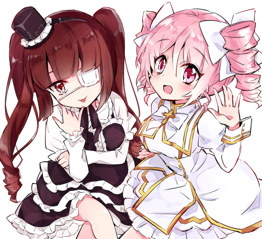 2girls, black_dress, blush, breasts, brown_eyes, brown_hair, dress, drill_hair