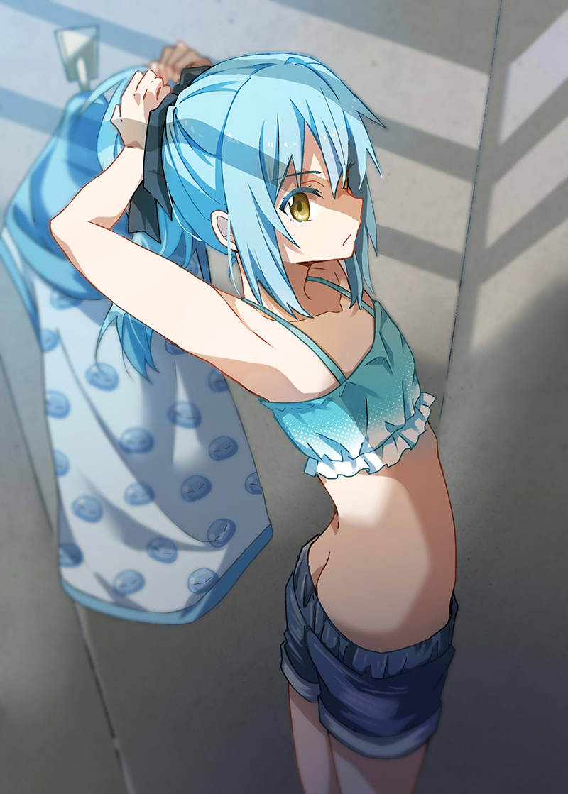 1other, armpits, arms_behind_head, arms_up, ass, blue_hair, breasts, butt_crack, changing_room, cleavage, closed_mouth, cowboy_shot, hair_between_eyes, looking_back, no_panties, ponytail, rimuru_tempest, shorts, shoura, solo, swimsuit, tensei_shitara_slime_datta_ken, tying_hair, yellow_eyes