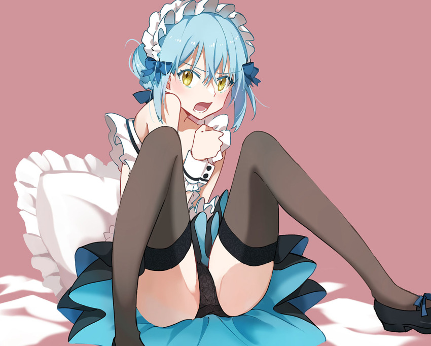 1other, apron, ass, bare_shoulders, black_panties, blue_bow, blue_dress, blue_hair, blush, bow, dress, hair_between_eyes, lingerie, maid, maid_apron, maid_headdress, open_mouth, panties, pillow, pink_background, rimuru_tempest, shoes, shoura, sitting, solo, tensei_shitara_slime_datta_ken, thighhighs, underwear, white_apron, wrist_cuffs, yellow_eyes
