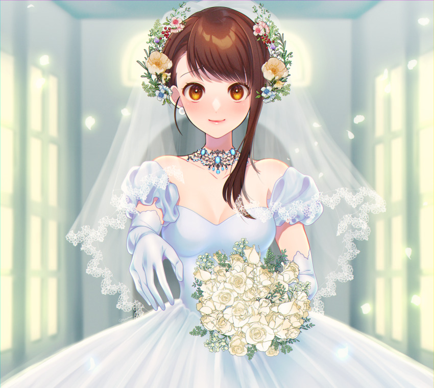 1girl, amano_hotaru_(hotaama), asymmetrical_bangs, blue_gem, blush, bouquet, breasts, brown_eyes, brown_hair, cleavage, closed_mouth, collarbone, dress, earrings, elbow_gloves, flower, gem, gloves, hair_flower, hair_ornament, head_wreath, highres, holding, holding_bouquet, jewelry, looking_at_viewer, medium_breasts, necklace, nisekoi, onodera_kosaki, pink_flower, short_hair_with_long_locks, sleeveless, sleeveless_dress, smile, solo, wedding_dress, white_dress, white_gloves, yellow_flower