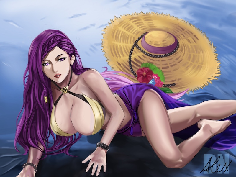 1girl, bad_source, bare_shoulders, bikini, braid, breasts, cleavage, collar, collarbone, curvy, dmnalexknight, female_focus, fire_emblem, fire_emblem_heroes, flower, hair_ornament, hat, large_breasts, lips, loki_(fire_emblem), loki_(summer)_(fire_emblem), long_hair, looking_at_viewer, lying, matching_hair/eyes, nintendo, official_alternate_costume, open_mouth, purple_eyes, purple_hair, purple_sarong, revealing_clothes, sarong, simple_background, solo, straw_hat, sun_hat, swimsuit, thighs, water