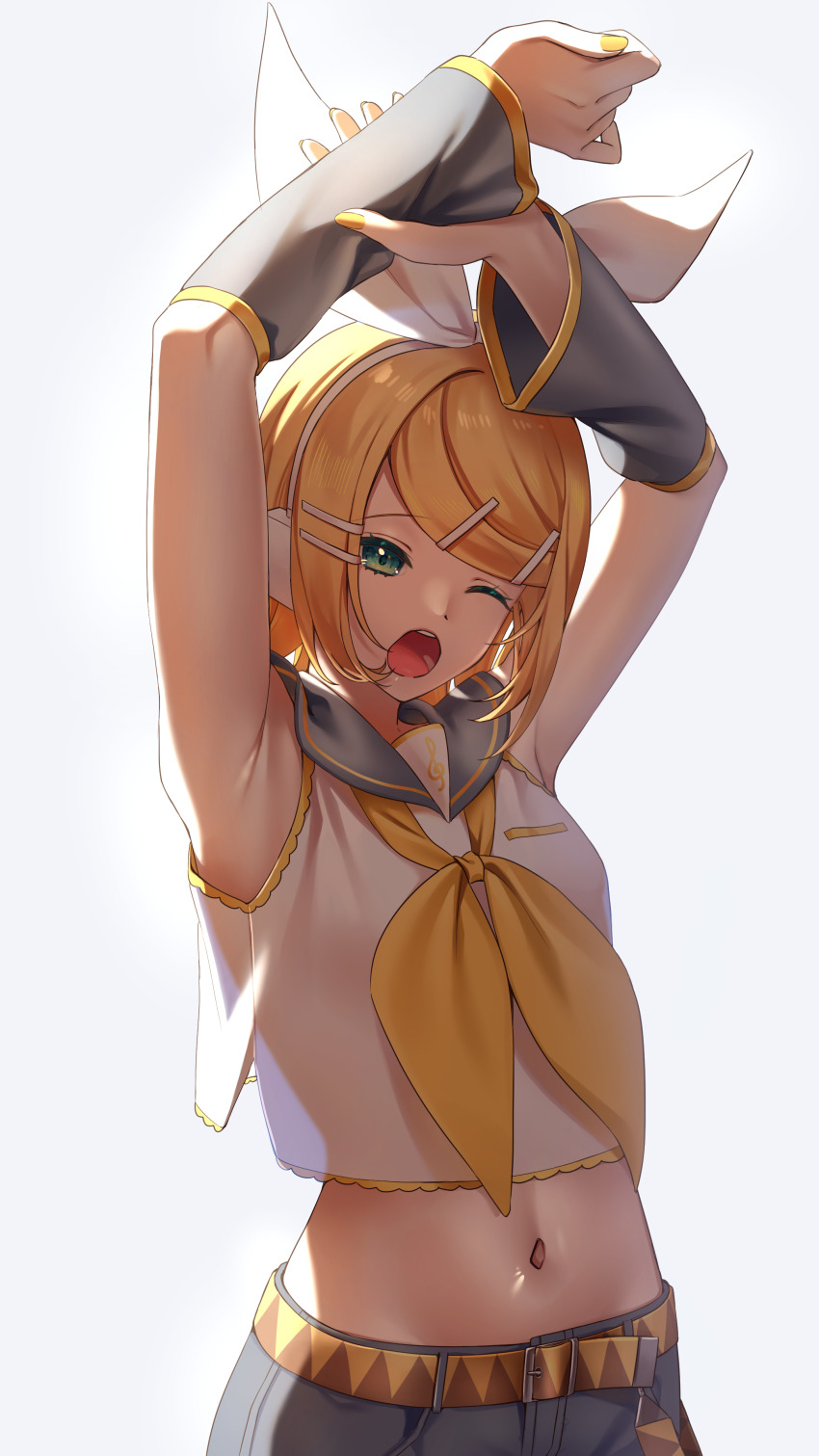 1girl, absurdres, armpits, arms_up, belt, black_shorts, blonde_hair, blush