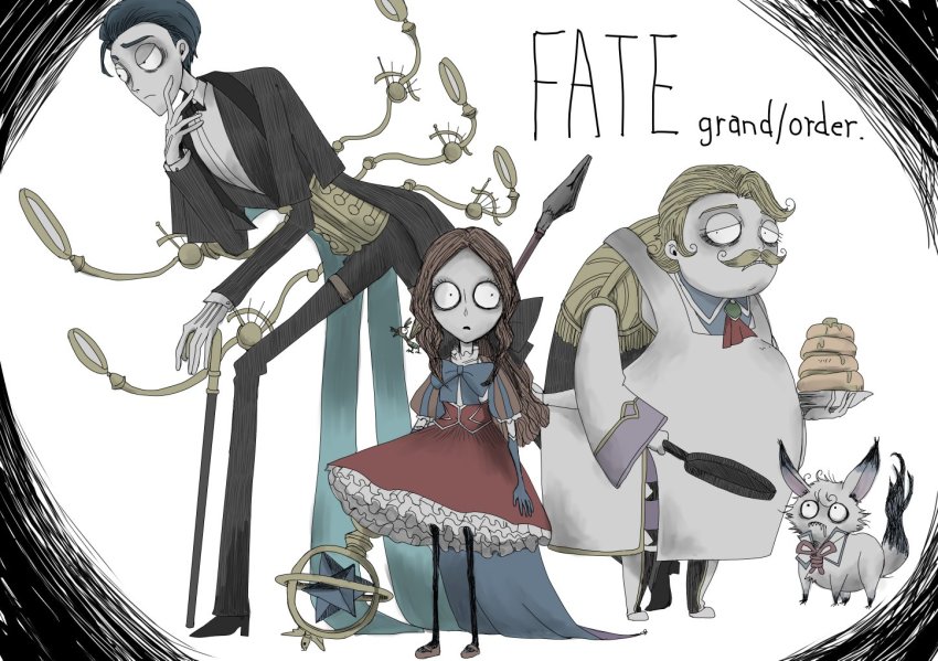 1girl, 2boys, aged_down, black_bow, blonde_hair, blue_gloves, blue_hair, bow, creature, facial_hair, fate/grand_order, fate_(series), forehead, formal_clothes, fou_(fate), gauntlets, gloves, goredolf_musik, hair_slicked_back, karasu_kokutyou, leonardo_da_vinci_(fate), leonardo_da_vinci_(fate/grand_order), leonardo_da_vinci_(rider)_(fate), leonardo_da_vinci_(rider)_(first_ascension)_(fate), magnifying_glass, multiple_boys, mustache, parted_bangs, puff_and_slash_sleeves, puffy_short_sleeves, puffy_sleeves, sherlock_holmes_(fate), short_sleeves, single_gauntlet, tim_burton_(style)