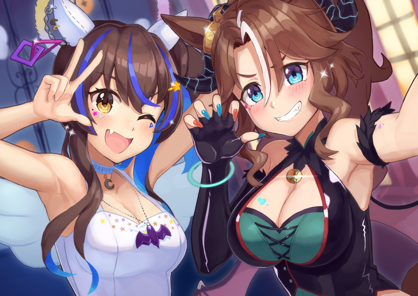 2girls, ;d, angel_wings, arm_up, bat_(animal), black_gloves, black_horns, black_shirt, blue_choker, blue_eyes, blue_hair, blurry, blurry_background, bracelet, breasts, brown_eyes, brown_hair, choker, claw_pose, cleavage, cleavage_cutout, clothing_cutout, commentary, commentary_request, daitaku_helios_(sunshine_angel)_(umamusume), daitaku_helios_(umamusume), demon_horns, depth_of_field, dress, ear_covers, ear_ornament, english_commentary, eye_glitter, fake_wings, fang, fingerless_gloves, gloves, grin, halloween, halloween_costume, halterneck, highres, horns, horse_girl, inomata_konomu, jewelry, large_breasts, medium_hair, mejiro_palmer_(devil_in_the_moonlight)_(umamusume), mejiro_palmer_(umamusume), multicolored_hair, multiple_girls, nail_polish, necklace, official_alternate_costume, one_eye_closed, open_mouth, partial_commentary, selfie, sharp_teeth, shirt, sleeveless, sleeveless_dress, smile, sparkle, streaked_hair, teeth, two-tone_hair, umamusume, w, white_dress, white_hair, wings