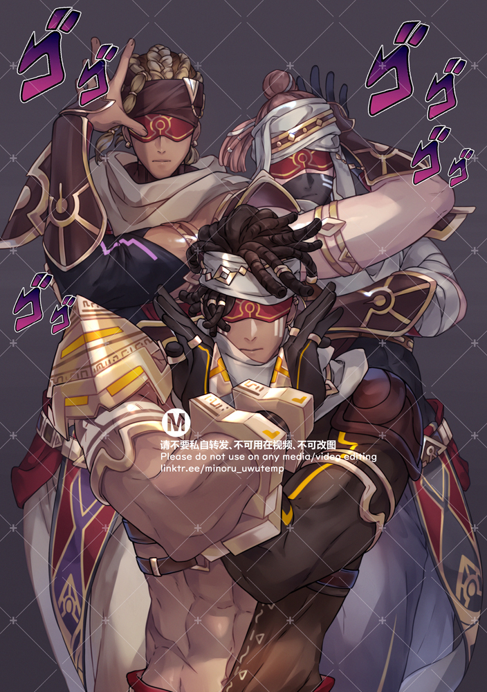 3boys, abs, arm_guards, arm_up, armor, black_gloves, blindfold, body_markings