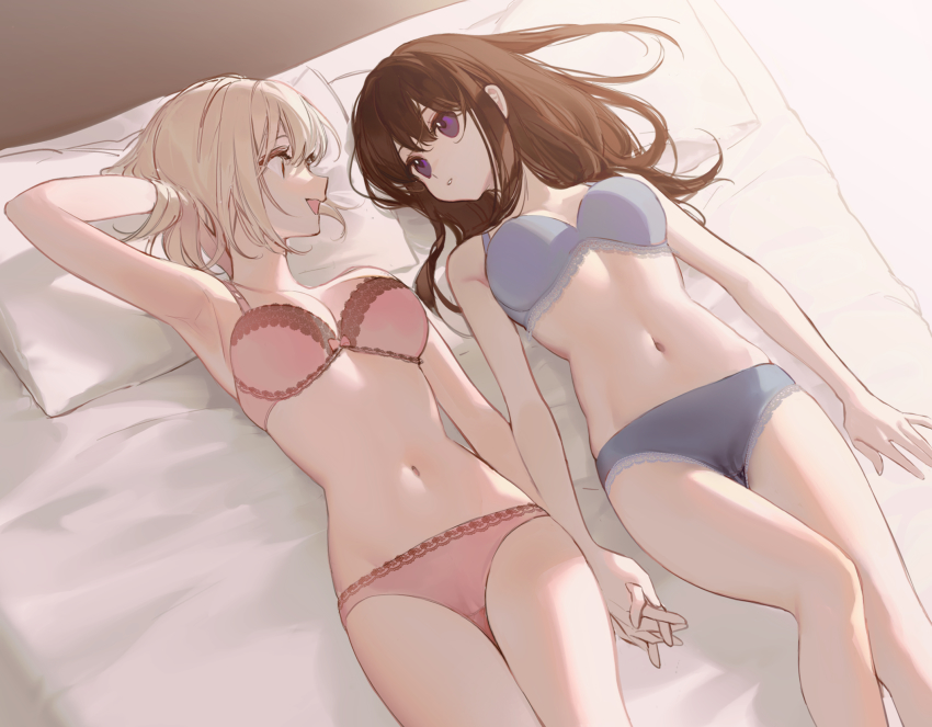2girls, arm_behind_head, blonde_hair, blue_bra, blue_panties, bra, breasts, brown_hair