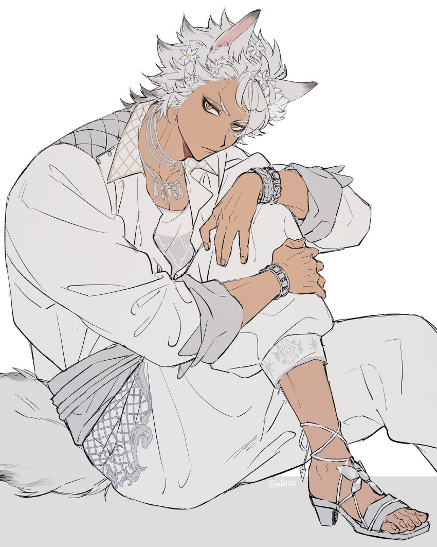 1boy, animal_ears, baggy_pants, bracelet, closed_mouth, collared_jacket, colored_tips, dark_skin, flower, foot_out_of_frame, grey_footwear, grey_hair, grey_jacket, grey_pants, grey_sash, grey_shirt, grey_tail, hair_flower, hair_ornament, high_heels, highres, jack_howl, jack_howl_(gala_couture), jacket, jewelry, knee_up, long_sleeves, looking_at_viewer, male_focus, multicolored_hair, necklace, pants, sash, shirt, short_hair, simple_background, sitting, slit_pupils, solo, tail, taufu_(gnb0102), twisted_wonderland, white_background, white_flower, wolf_boy, wolf_ears, wolf_tail, yellow_eyes