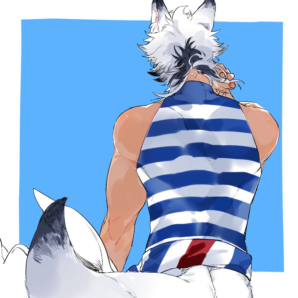1boy, animal_ears, back, back_focus, black_hair, blue_background, blue_shirt, dark-skinned_male, dark_skin, facing_away, hand_up, jack_howl, jack_howl_(port_wear), male_focus, multicolored_hair, muscular, muscular_male, pants, shi646, shirt, short_hair, simple_background, sleeveless, solo, streaked_hair, striped_clothes, striped_shirt, tail, twisted_wonderland, two-tone_hair, upper_body, white_hair, white_pants, white_shirt, white_tail, wolf_boy, wolf_ears, wolf_tail