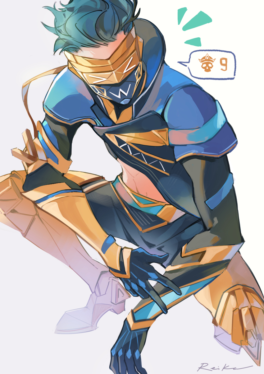 >_<, 1boy, absurdres, apex_legends, black_shorts, blue_gloves, blue_hair, blue_jacket