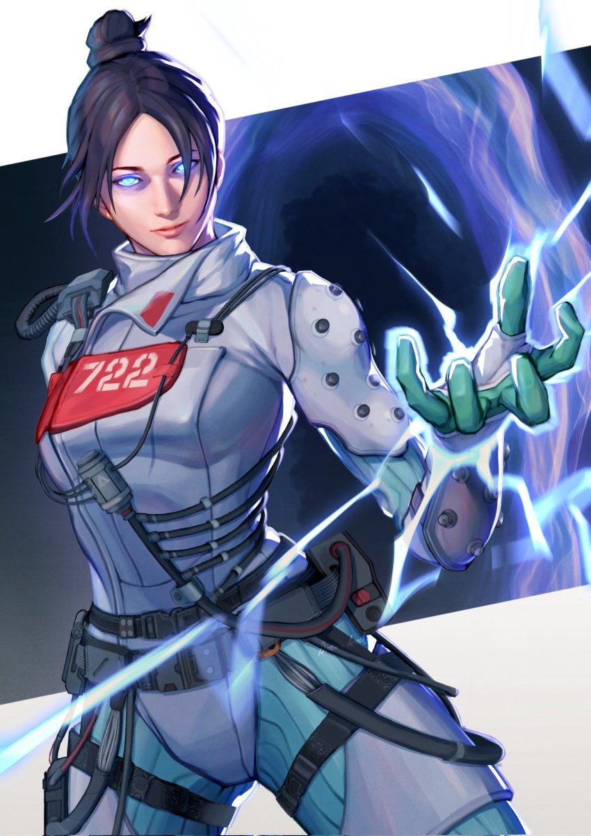 1girl, apex_legends, belt, black_belt, black_hair, blue_eyes, bodysuit, breasts, cable, electricity, glowing, glowing_eyes, hair_bun, highres, light_smile, medium_breasts, official_alternate_costume, open_hand, parted_bangs, portal_(object), quarantine_722_wraith, realistic, shikabane_(draw_tadao14), solo, thigh_strap, white_bodysuit, wraith_(apex_legends)