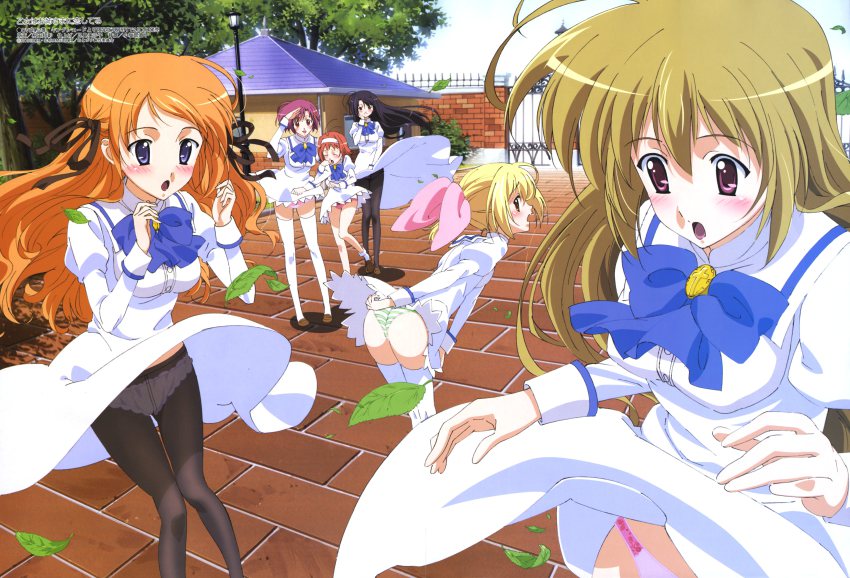 00s, 1boy, 5girls, :d, :o, absurdres, ahoge, ankle_socks, antenna_hair, arm_hug, ass, bent_over, black_hair, black_pantyhose, blonde_hair, blue_eyes, blush, bobby_socks, bow, bowtie, brick, brick_wall, brown_hair, building, buttons, closed_eyes, clothes_lift, cross, crotch_seam, day, dress, dress_lift, embarrassed, everyone, flat_chest, floating_hair, floral_print, frilled_panties, frills, gate, green_panties, grey_eyes, hair_between_eyes, hair_bow, hair_ornament, hair_ribbon, hairband, hairclip, half_updo, hand_on_own_face, highres, itsukushima_takako, juujou_shion, kamioka_yukari, lamppost, latin_cross, leaf, leg_lift, lingerie, loafers, long_dress, long_hair, looking_at_viewer, looking_back, looking_down, magazine_scan, masuda_kuniaki, megami_magazine, mikado_mariya, miyanokouji_mizuho, multiple_girls, non-web_source, official_art, open_mouth, orange_eyes, orange_hair, otome_wa_boku_ni_koishiteru, outdoors, panties, panties_under_pantyhose, pantyhose, pantyshot, pavement, pink_panties, ponytail, purple_eyes, purple_hair, purple_panties, red_hair, ribbon, salute, scan, school_uniform, serafuku, shadow, shoes, short_dress, short_hair, sky, smile, socks, standing, standing_on_one_leg, striped_clothes, striped_panties, suouin_kana, surprised, swept_bangs, thigh_gap, thighhighs, tiptoes, trap, tree, underwear, very_long_hair, volume81, wavy_hair, white_panties, white_thighhighs, wince, wind, wind_lift