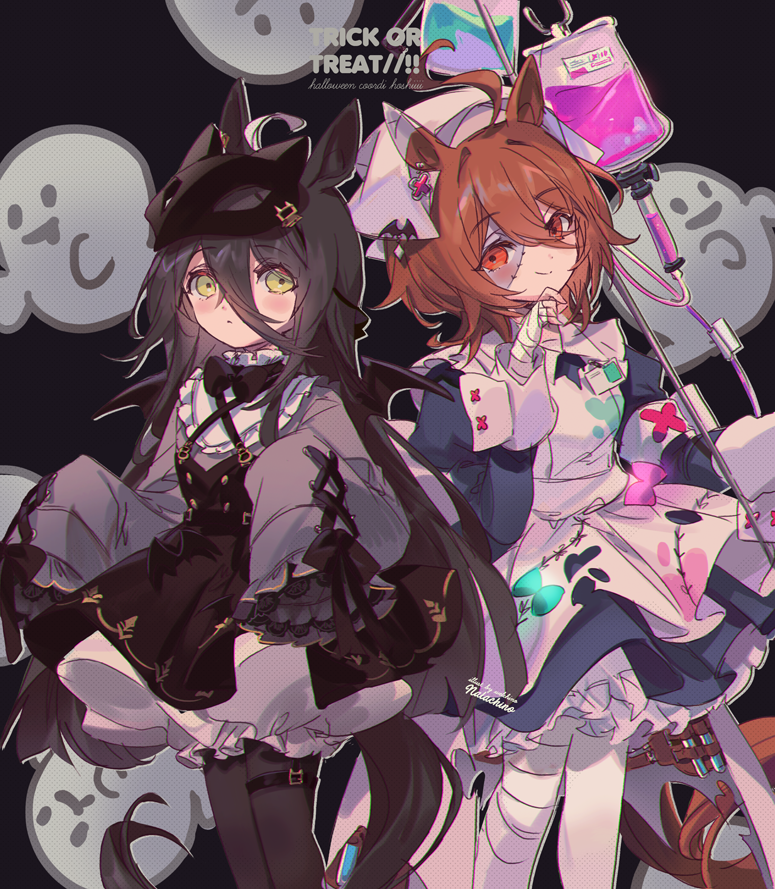 2girls, agnes_tachyon_(umamusume), ahoge, alternate_costume, animal_ears, apron, armband, artist_name