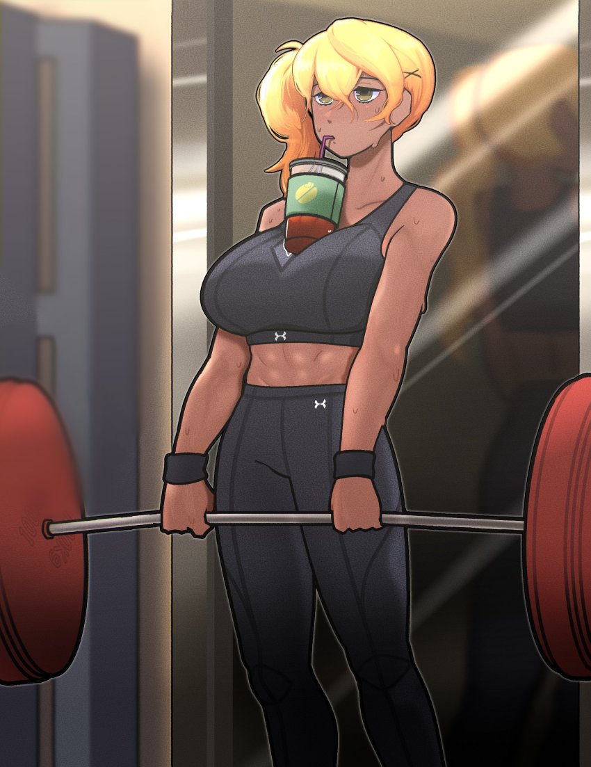 1girl, absurdres, barbell, bare_arms, bare_shoulders, bendy_straw, black_pants, blonde_hair