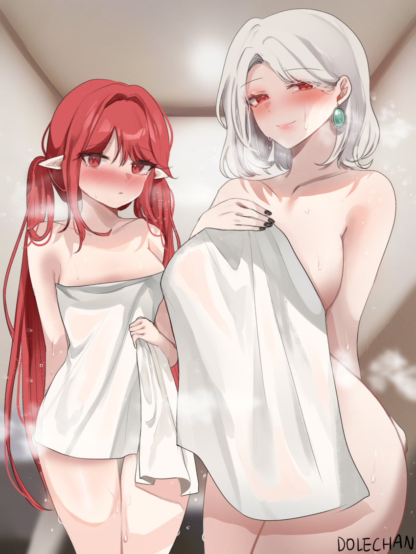 2girls, absurdres, after_bathing, animal_ears, bare_shoulders, black_nails, blush, breasts