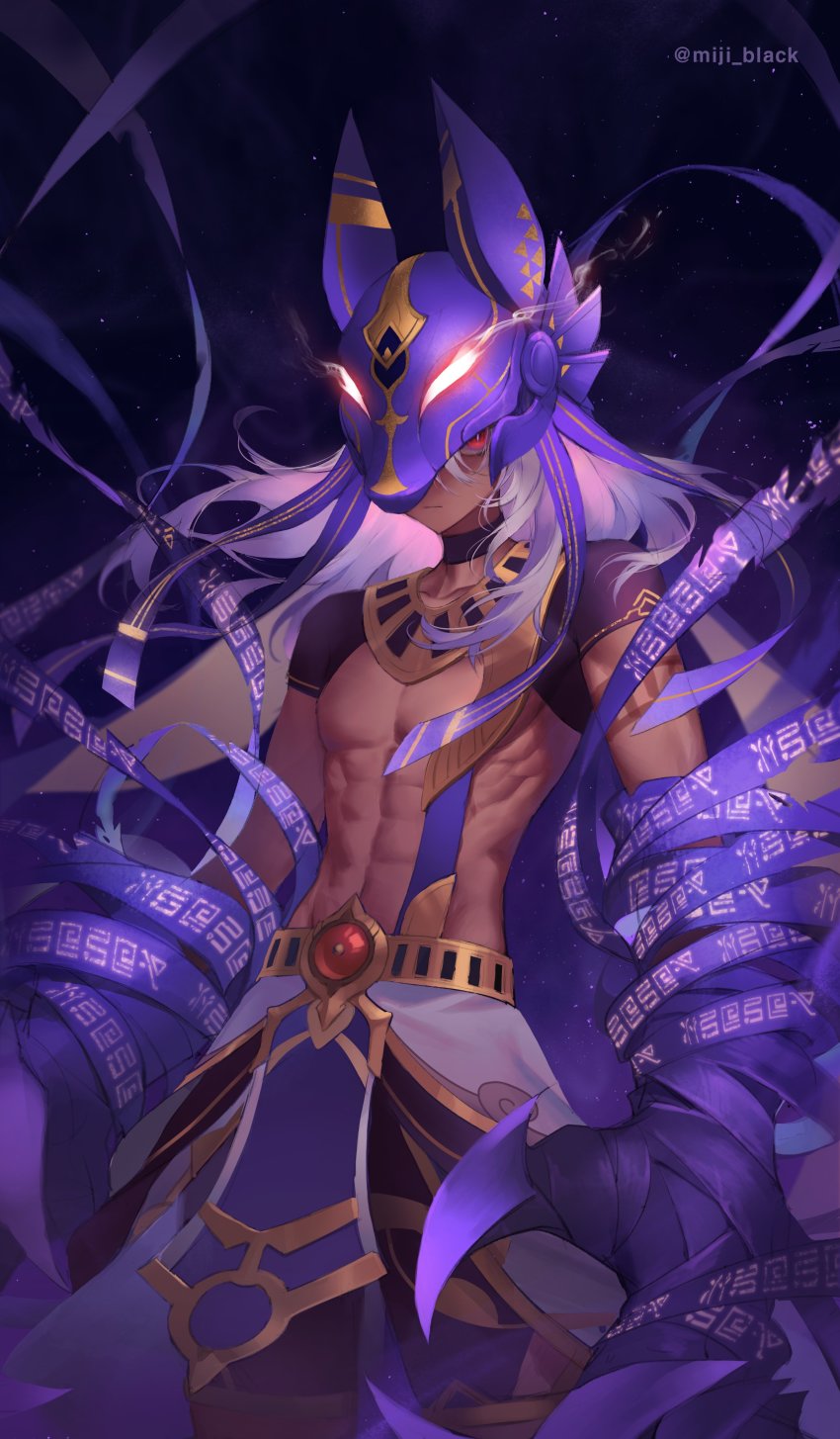 1boy, abs, absurdres, ancient_egyptian_clothes, animal_hat, bandages, claws, closed_mouth