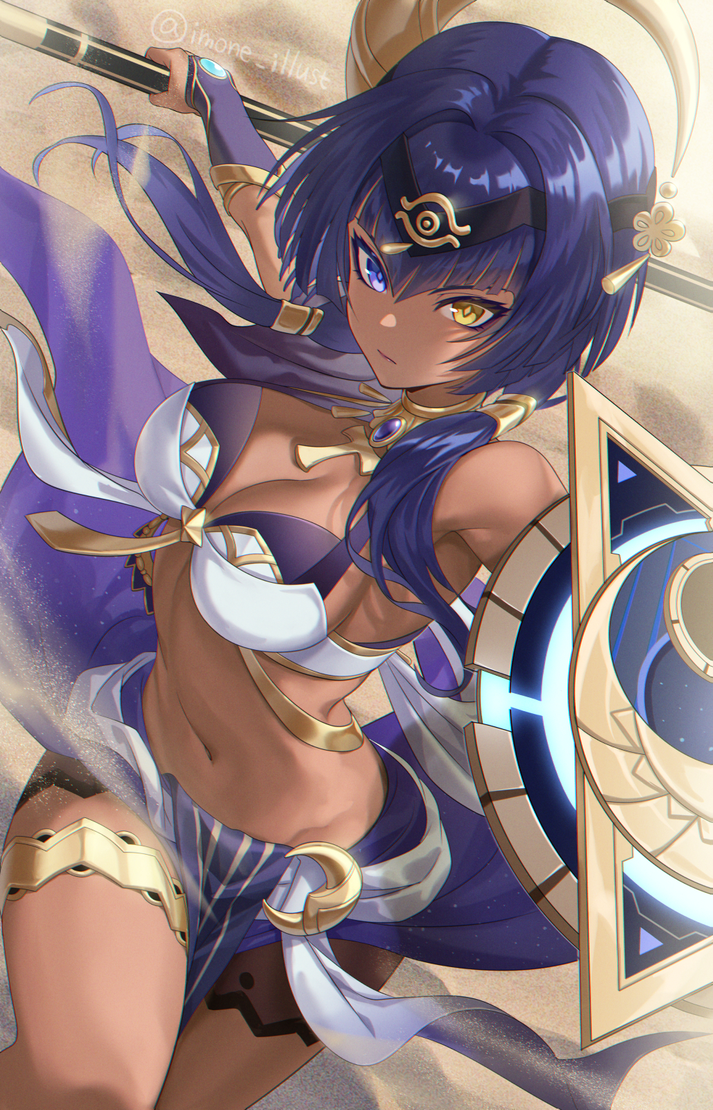 1girl, bare_shoulders, blue_eyes, blue_hair, breasts, brooch, candace_(genshin_impact), cleavage, closed_mouth, crop_top, dark-skinned_female, dark_skin, elbow_gloves, expressionless, eye_of_horus, genshin_impact, gloves, gold_trim, hair_intakes, hair_over_shoulder, heterochromia, highres, holding, holding_polearm, holding_shield, holding_weapon, imone_illust, jewelry, looking_at_viewer, medium_breasts, navel, neck_ring, pelvic_curtain, polearm, shield, sidelocks, skirt, solo, stomach, thighlet, thighs, twintails, twitter_username, weapon, yellow_eyes