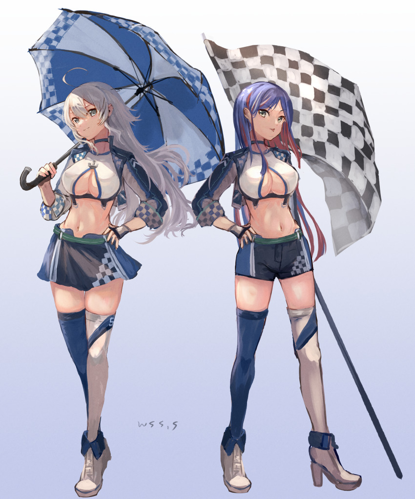 2girls, absurdres, ahoge, alternate_costume, asymmetrical_legwear, black_shorts, blue_hair, blue_thighhighs