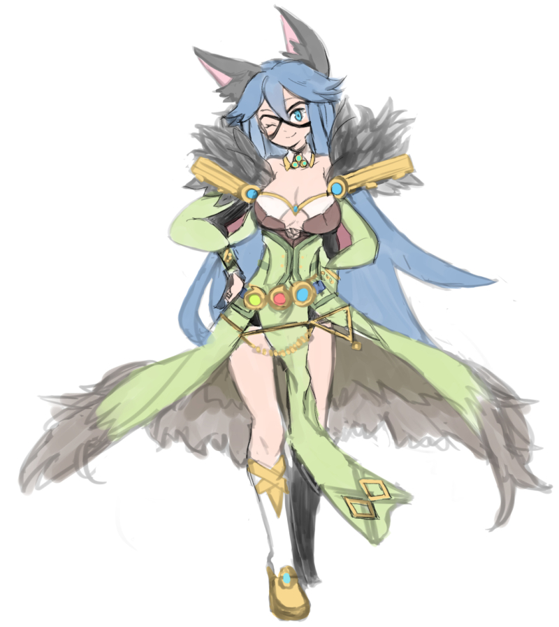 1girl, animal_ear_fluff, animal_ears, blue_eyes, blue_hair, boots, breasts, cat_ears, cleavage, closed_mouth, commentary_request, dress, elemental_master_(ragnarok_online), eye_mask, full_body, fur_collar, fur_dress, goinkyo, green_dress, hands_on_own_hips, long_hair, looking_at_viewer, mask, off-shoulder_dress, off_shoulder, ofly_(ofly252), one_eye_closed, pelvic_curtain, ragnarok_online, simple_background, smile, solo, standing, very_long_hair, white_background, white_boots