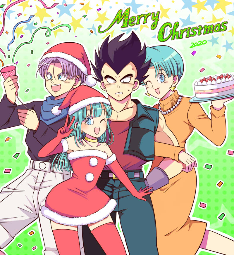 2020, 2boys, 2girls, alternate_hairstyle, black_hair, blue_eyes, blue_hair, blue_neckerchief