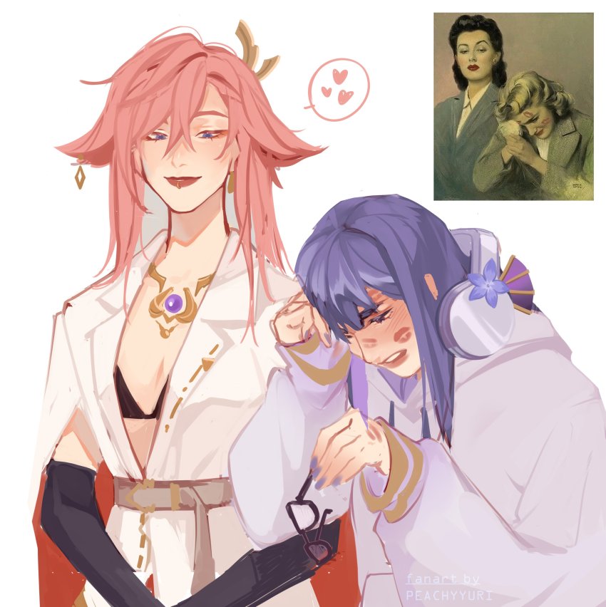 2girls, absurdres, alternate_costume, animal_ears, artist_name, blue_eyes, blush, breasts, cleavage, earrings, elbow_gloves, face_piercing, floppy_ears, fox_ears, genshin_impact, glasses, gloves, headphones, heart, highres, holding, holding_removed_eyewear, hood, hoodie, jacket, jewelry, lip_piercing, lipstick, lipstick_mark, makeup, multiple_girls, nail_polish, necklace, parted_lips, peachyyuri, piercing, pink_hair, purple_hoodie, raiden_shogun, raiden_shogun_(2nd_anniversary), reference_inset, smile, spoken_heart, teeth, unworn_eyewear, watermark, white_jacket, yae_miko, yae_miko_(2nd_anniversary), yuri