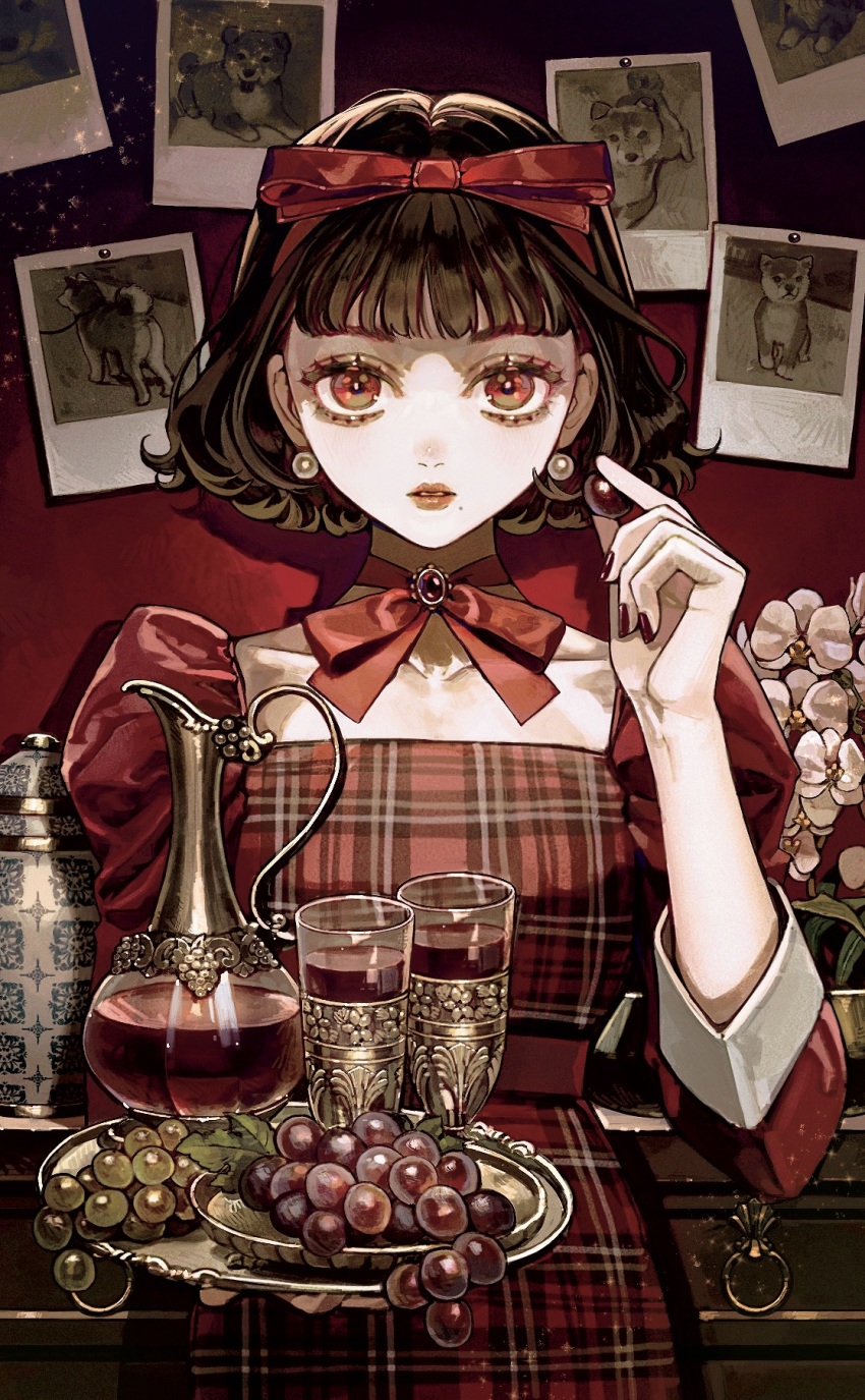 1girl, alcohol, black_hair, blunt_bangs, bow, choker, commentary, cowboy_shot