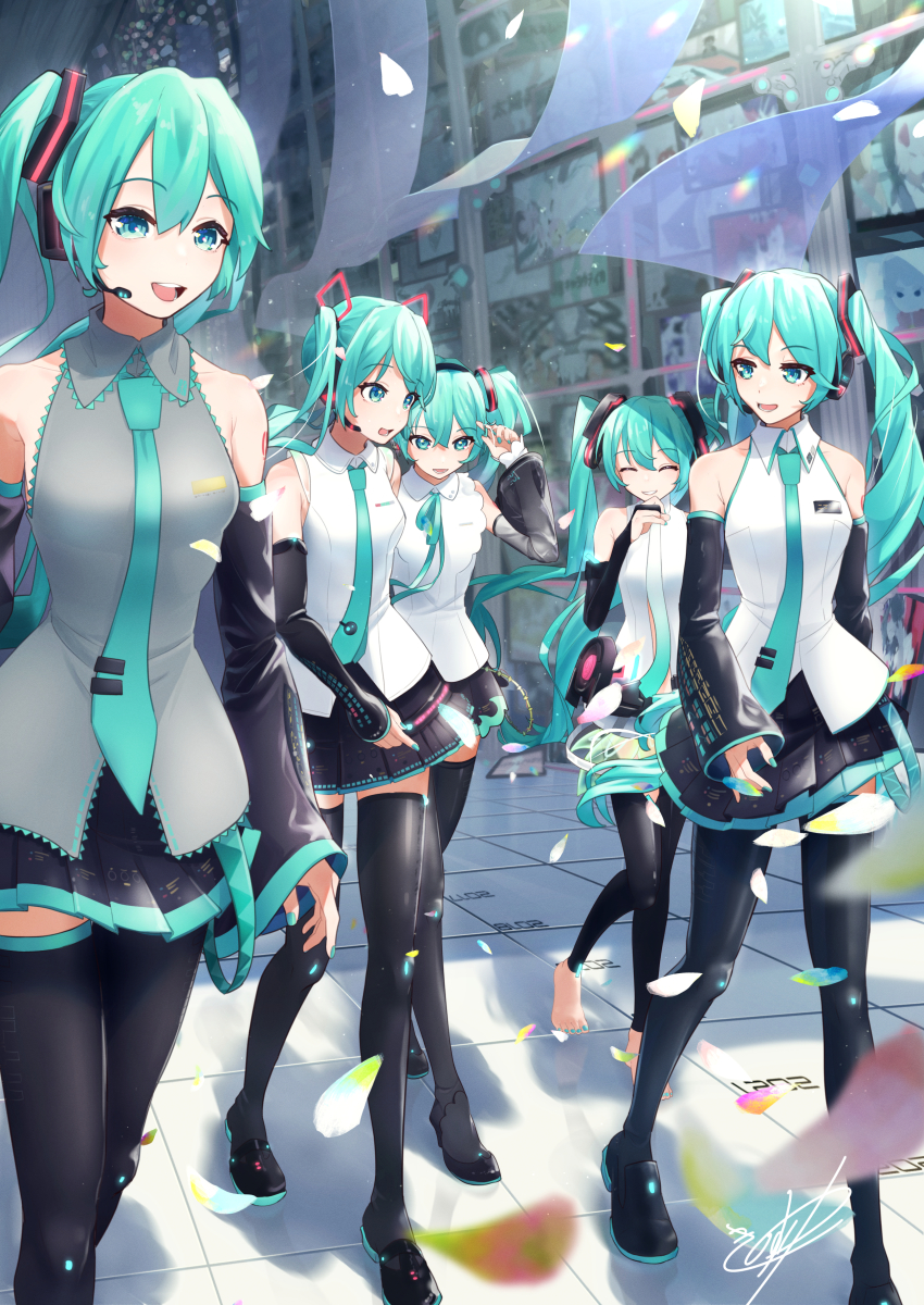 5girls, absurdres, anniversary, aqua_eyes, aqua_hair, aqua_nails, aqua_necktie, aqua_ribbon