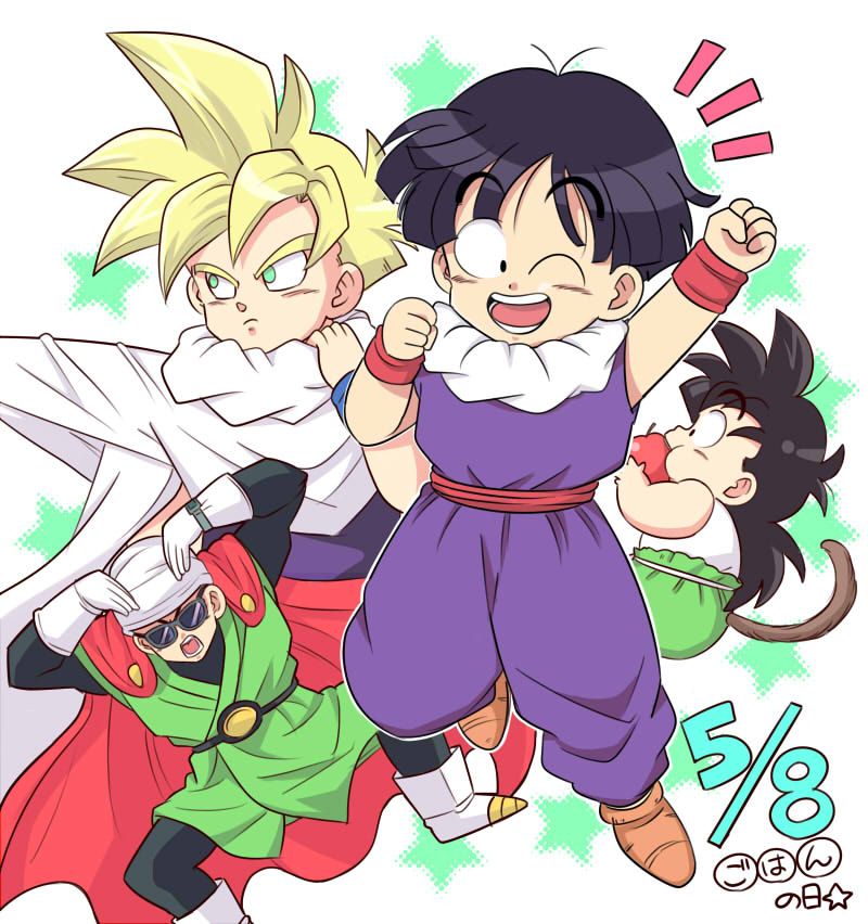 4boys, apple, black_hair, blonde_hair, cape, child, dragon_ball, dragonball_z