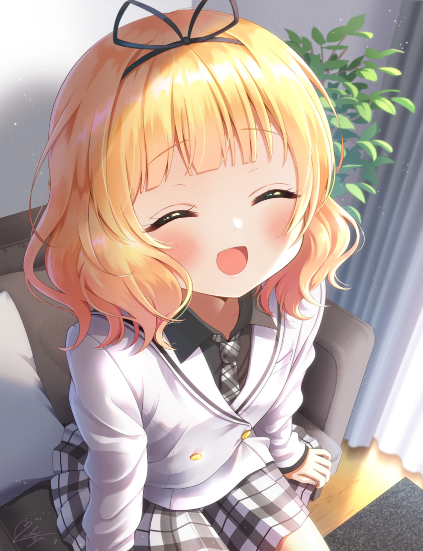 1girl, :d, ^_^, black_ribbon, black_shirt, blonde_hair, blunt_bangs, blush