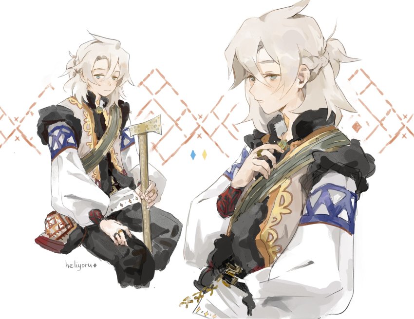 1boy, albedo_(genshin_impact), alternate_costume, artist_name, axe, black_pants, blue_eyes, blush