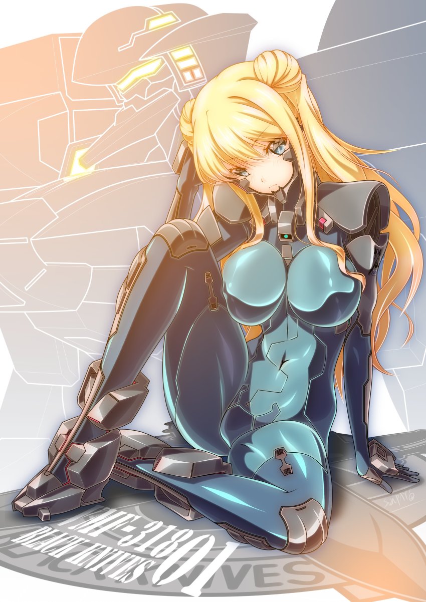 1girl, absurdres, artist_name, assault_visor, blonde_hair, blue_bodysuit, bodysuit, breasts