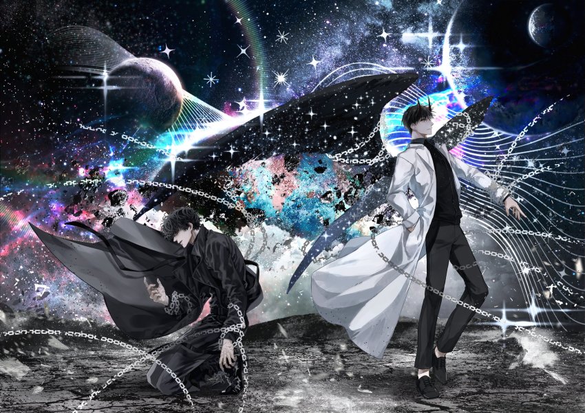 2boys, black_hair, black_jacket, black_wings, chain, constellation, glint, highres, horns, jacket, kim_dokja, kneeling, long_hair, male_focus, moon, multicolored_background, multiple_boys, omniscient_reader's_viewpoint, pants, pillsaak, scar, scar_on_hand, short_hair, smile, white_jacket, wings, yoo_joonghyuk