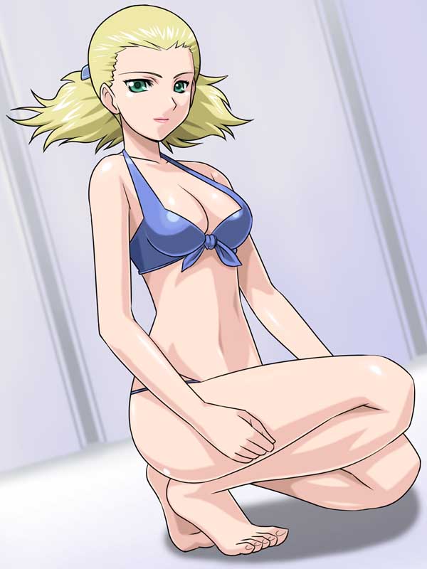 00s, 1girl, barefoot, bikini, blonde_hair, blue_bikini, breasts, cleavage, fantine_valjean, feet, female_focus, green_eyes, igpx, onda_takeshi, short_hair, solo, swimsuit